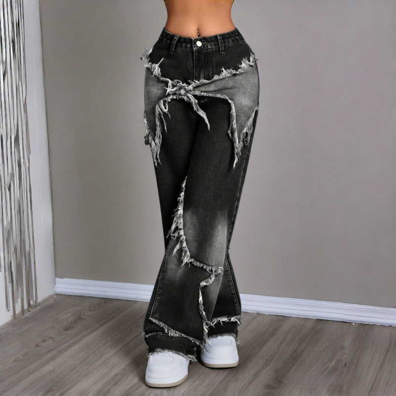 Damen Weite Jeans im modernen Destroyed-Look mit fransigen Details Drune
