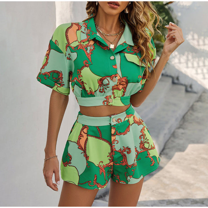 Damen Set mit Kurzarmbluse und hochtaillierten Shorts im trendigen Design Drune