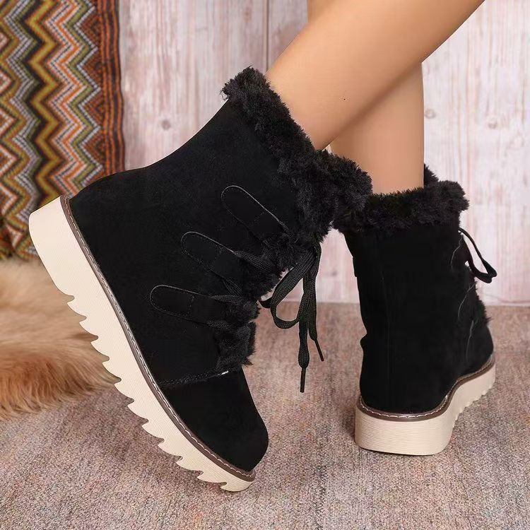 Damen nan gefütterte Schnürstiefelette mit Kunstfellkragen, elastischen Schlaufendetails und gezahnter Profilsohle Drune