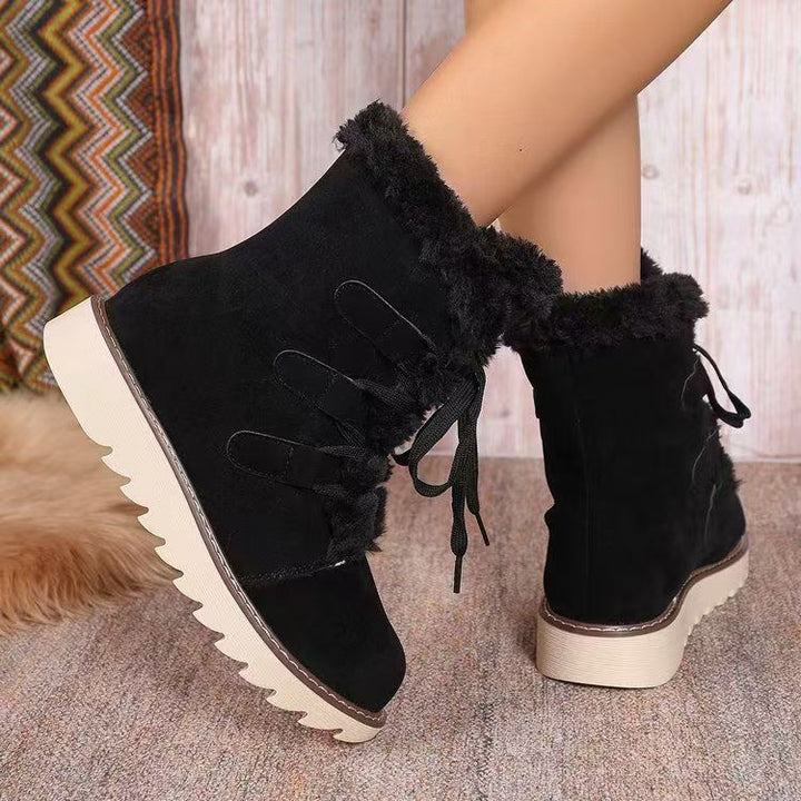 Damen nan gefütterte Schnürstiefelette mit Kunstfellkragen, elastischen Schlaufendetails und gezahnter Profilsohle Drune
