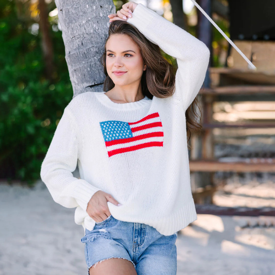 Damen trendiger Pullover mit USA-Flaggenstickerei aus luftiger Baumwolle Drune