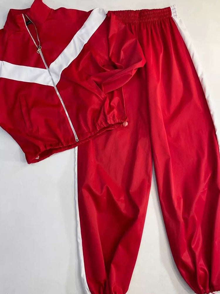Damen nan Satin-Trackset mit Stehkragen, Chevron-Streifen und Kordelzug Drune