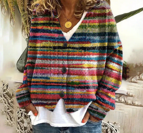 Damen lässiger Strickcardigan mit bunten Streifen und Knopfdetails Drune