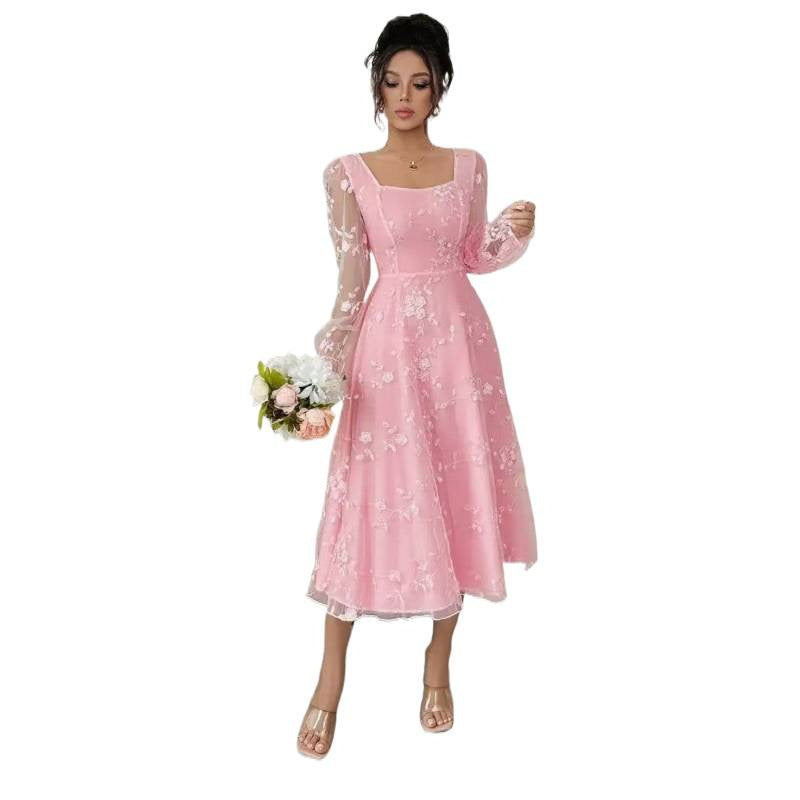 Damen Midi-Kleid mit floralen Spitzenärmeln und schwingendem Saum Drune