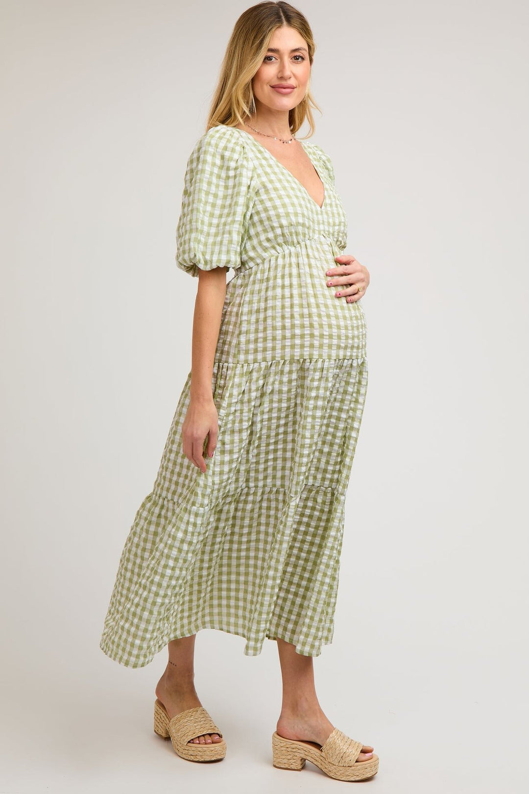 Damen Maxikleid mit voluminösen Puffärmeln und V-Ausschnitt Drune