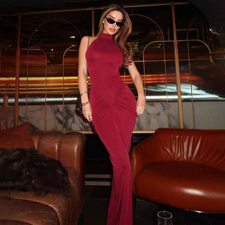 Damen elegantes Maxikleid mit hochgeschlossenem Kragen und raffinierten Raffungselementen Drune