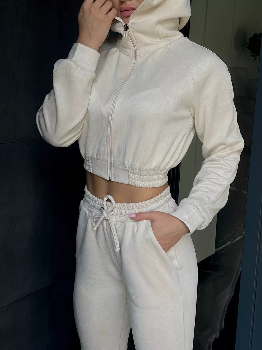 Damen Sportliches Fleece-Cropped-Set mit Kapuze und elastischem Bund Drune