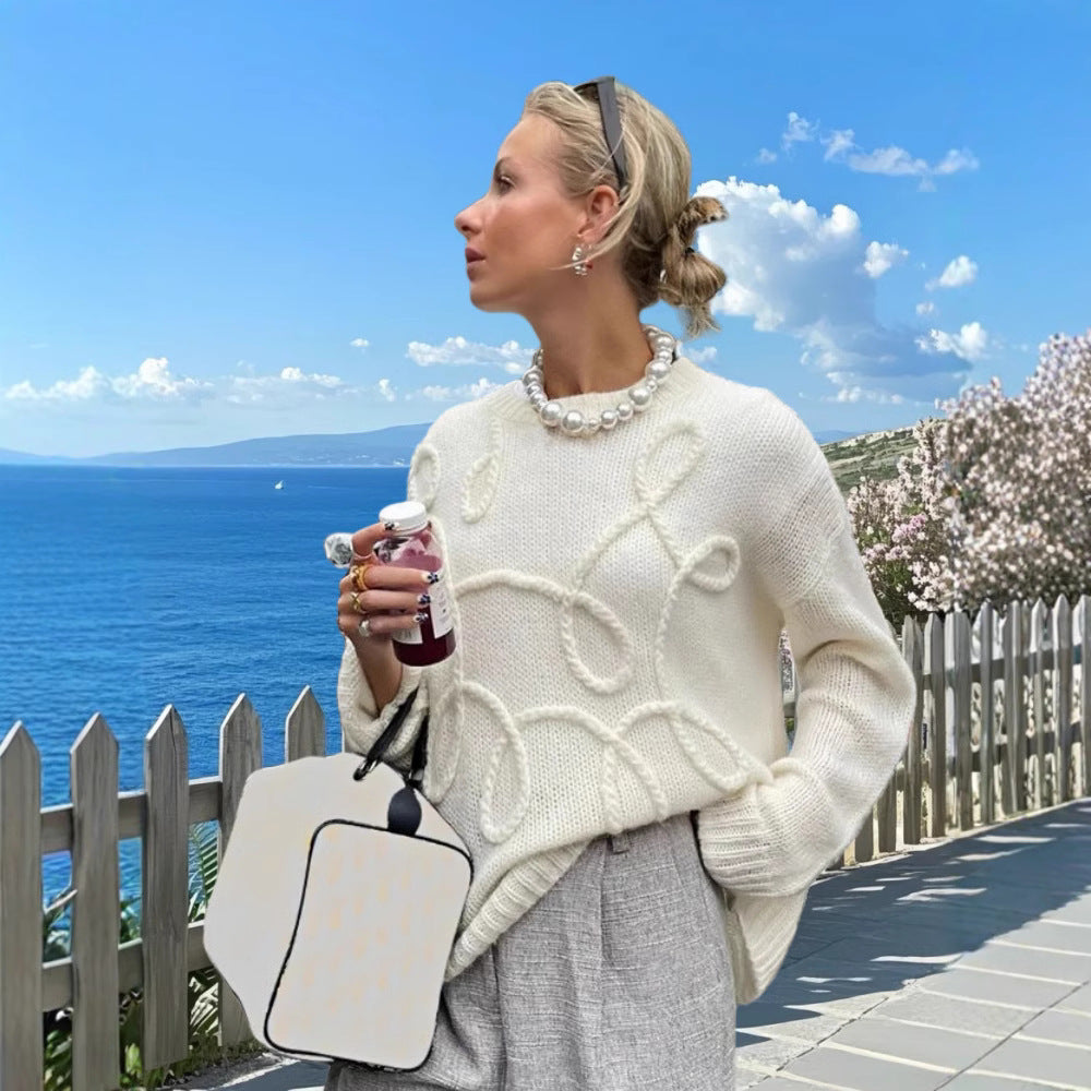 Damen Modischer Strickpullover mit strukturiertem Zopfmuster und lockerer Passform Drune