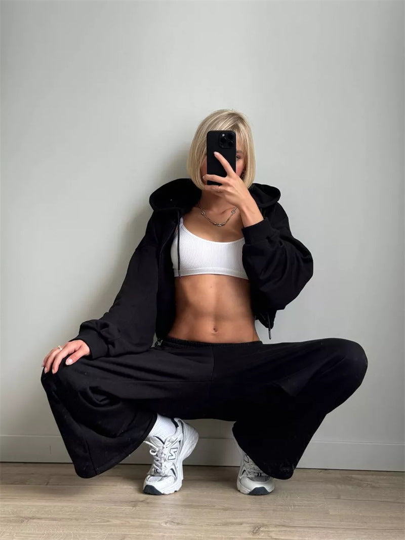 Damen nan kurz geschnittenes Zip-Hoodie und Highwaist Sweathose Lounge-Set mit Kapuze Drune