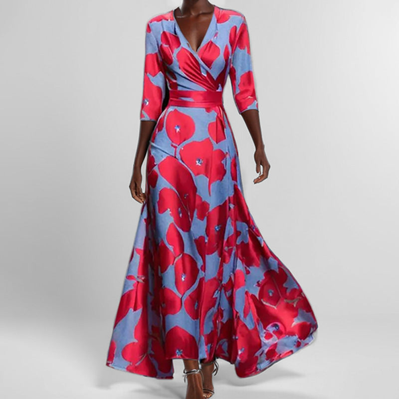 Damen Maxikleid mit buntem abstrakten Muster und V-Ausschnitt Drune