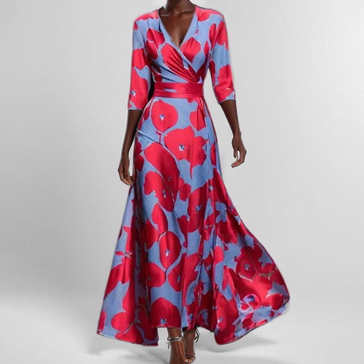 Damen Maxikleid mit buntem abstrakten Muster und V-Ausschnitt Drune
