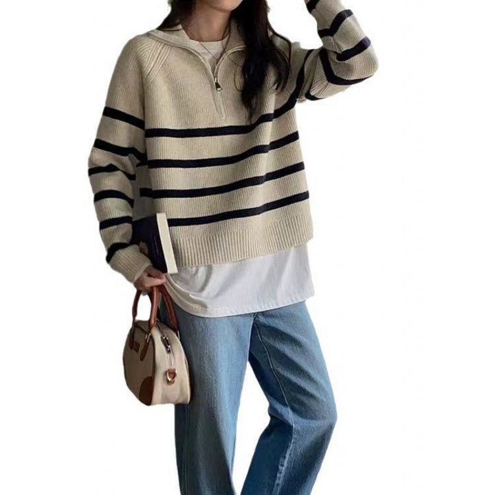 Damen modischer Pullover mit fundiertem Reißverschluss und Streifenmuster Drune