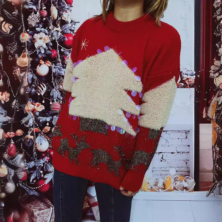 Damen festlicher Pullover mit weihnachtlichem Motiv und Glitzerapplikationen Drune