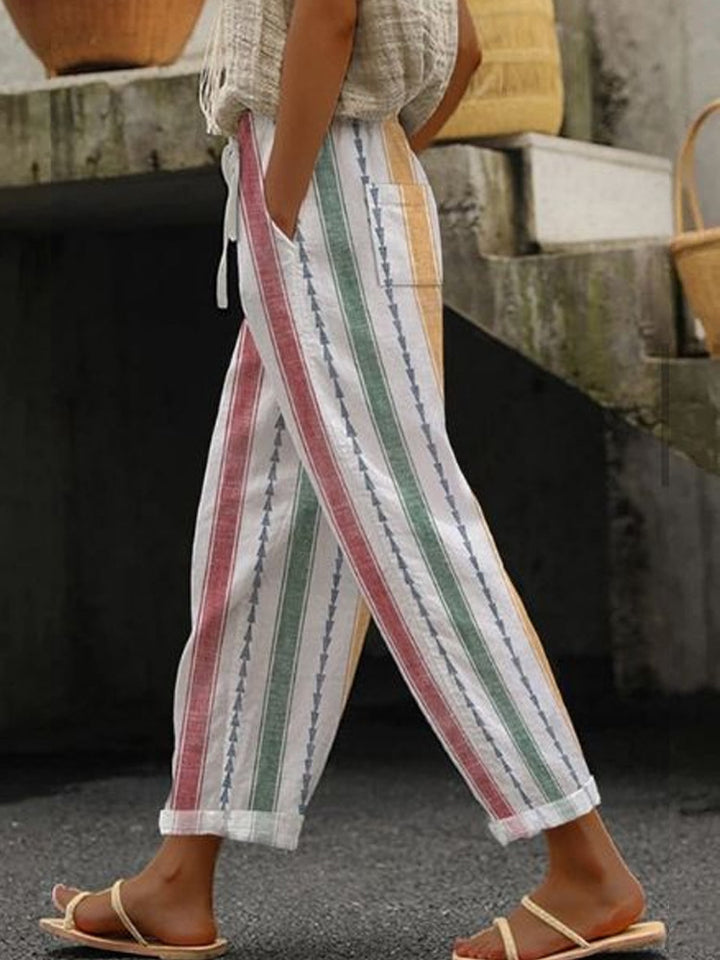 Damen Weite Leinenhose mit Streifenmuster Drune