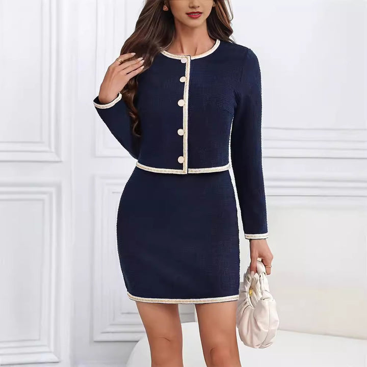 Damen elegantes Tweed-Kleid mit kurzen Ärmeln und klassischen Knöpfen Drune