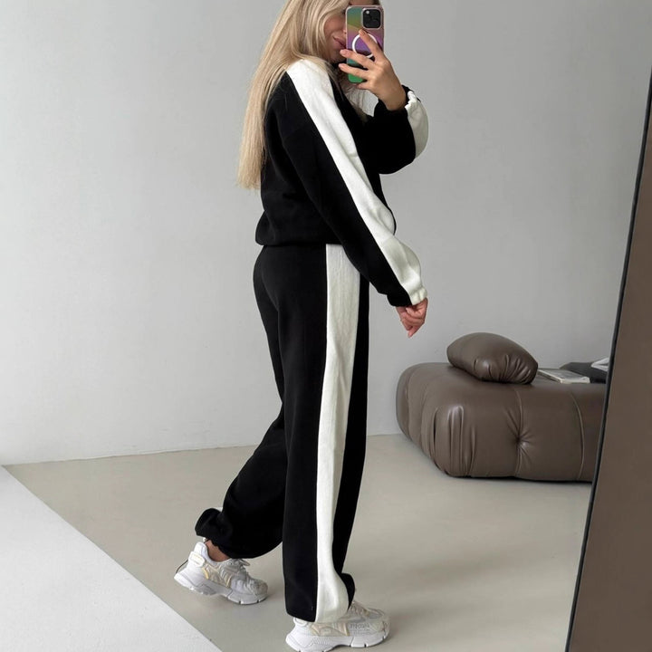 Damen sportlicher Fleece-Jogginganzug mit hohem Kragen und seitlichen Streifen Drune
