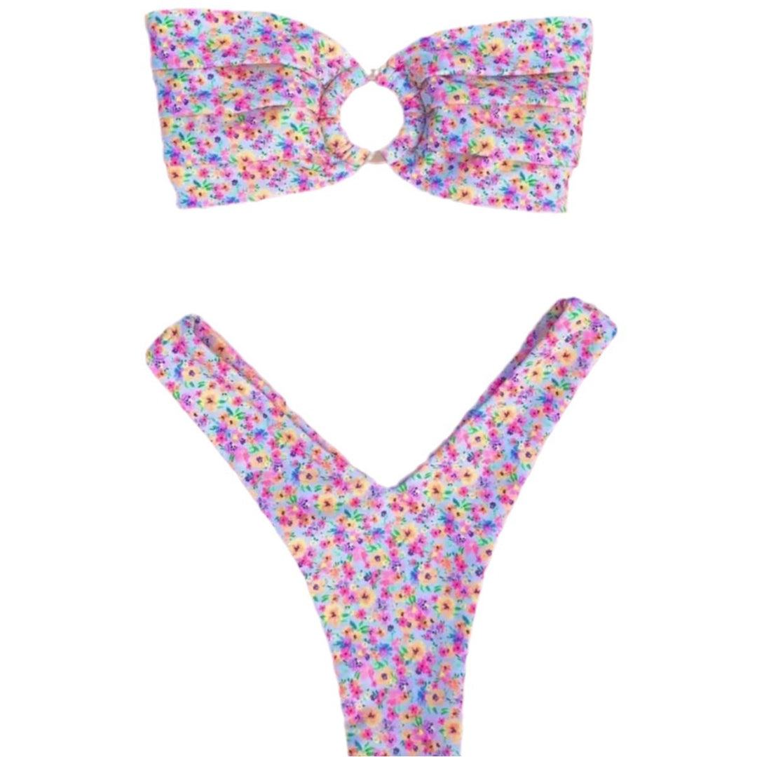 Damen Bandeau-Bikini mit Blumenmuster und Schlaufen-Detail Drune