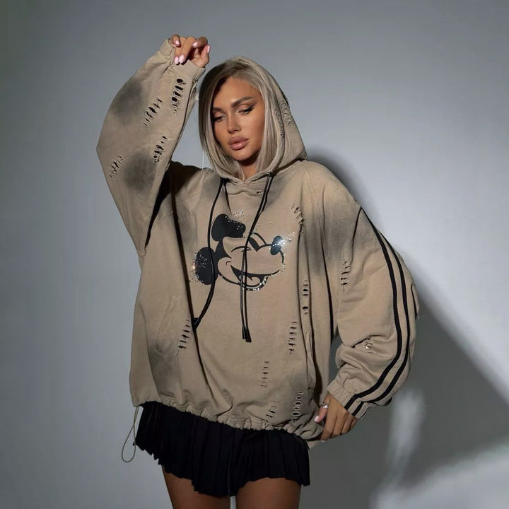 Damen Oversized Kapuzenpullover mit modischen Rissdetails und grafischem Print Drune