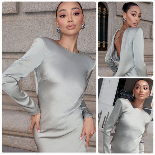 Damen Elegantes Langarmkleid mit glänzendem Satin-Obermaterial und figurbetonter Silhouette Drune