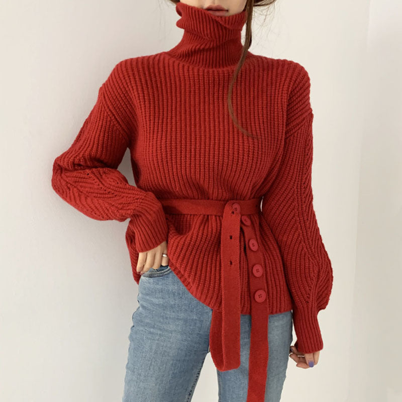 Damen lässiger Strickpullover mit modischem Gürtel Drune