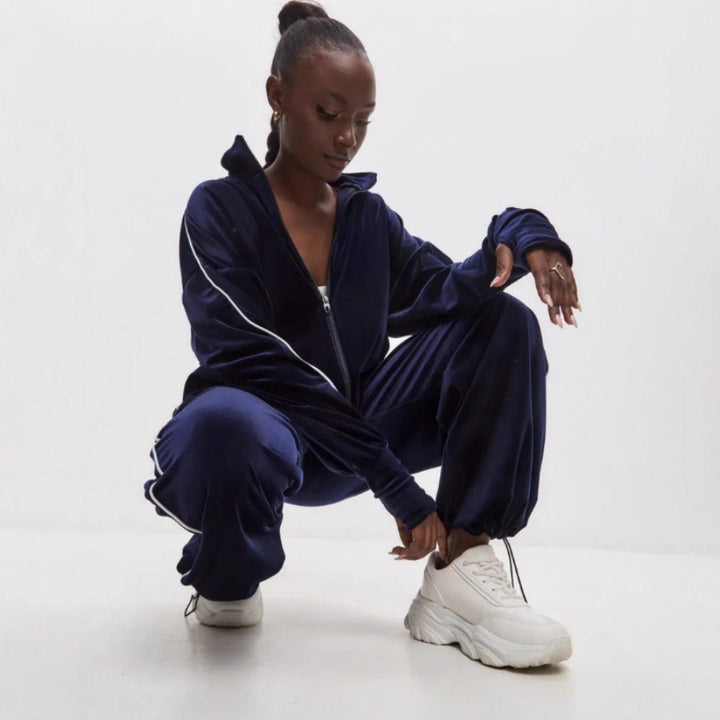 Damen modisches und vielseitiges Velours-Sportoutfit mit Reißverschluss Drune
