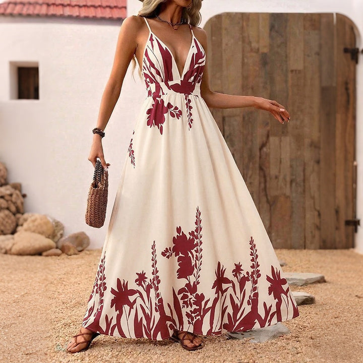 Damen Maxikleid mit tiefem V-Ausschnitt und floraler Applikation Drune