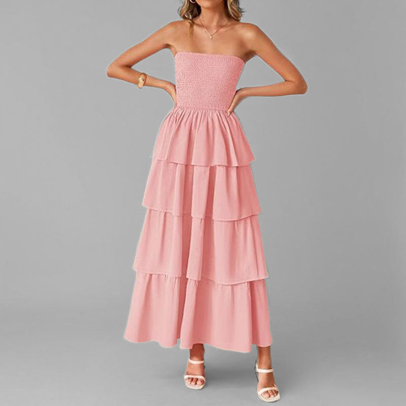 Damen Maxikleid mit schulterfreiem Design und voluminösen Rüschenschichten Drune
