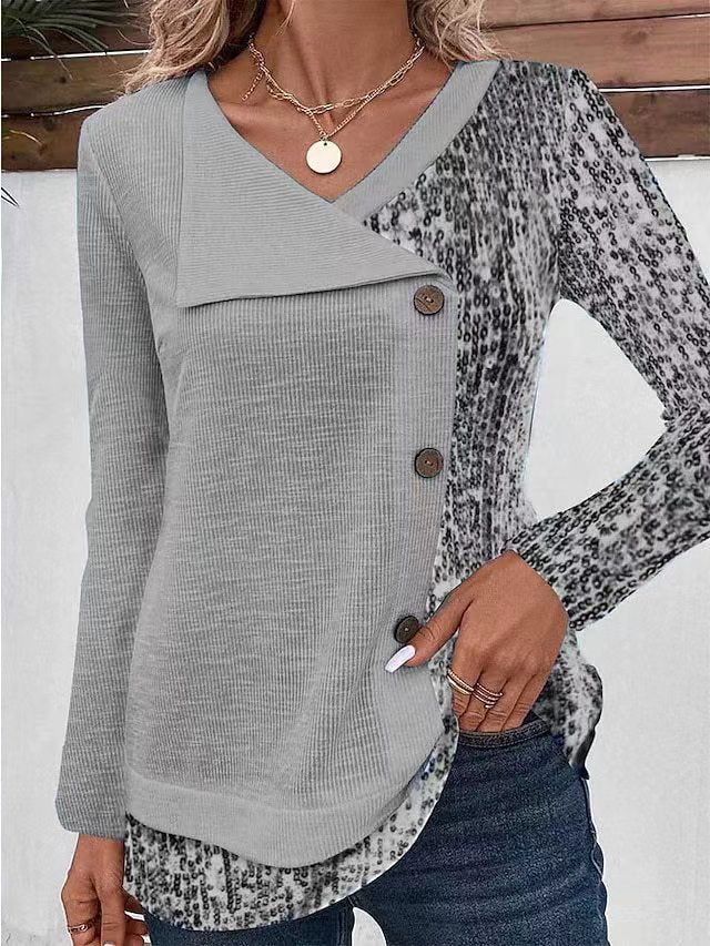 Damen Modisches Langarmshirt mit asymmetrischem Kragen und dekorativen Knopfdetails Drune
