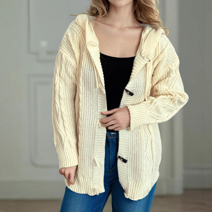 Damen Grobstrick-Kapuzen-Cardigan mit dekorativem Zopfmuster Drune