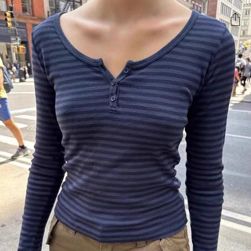 Damen Langarm-Henley-Shirt mit feinen Streifen Drune