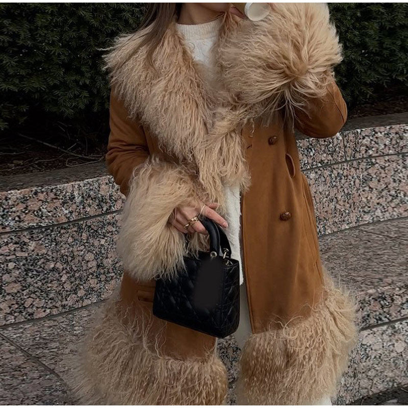 Damen Oversized Wintermantel mit luxuriösem Kunstfellkragen Drune