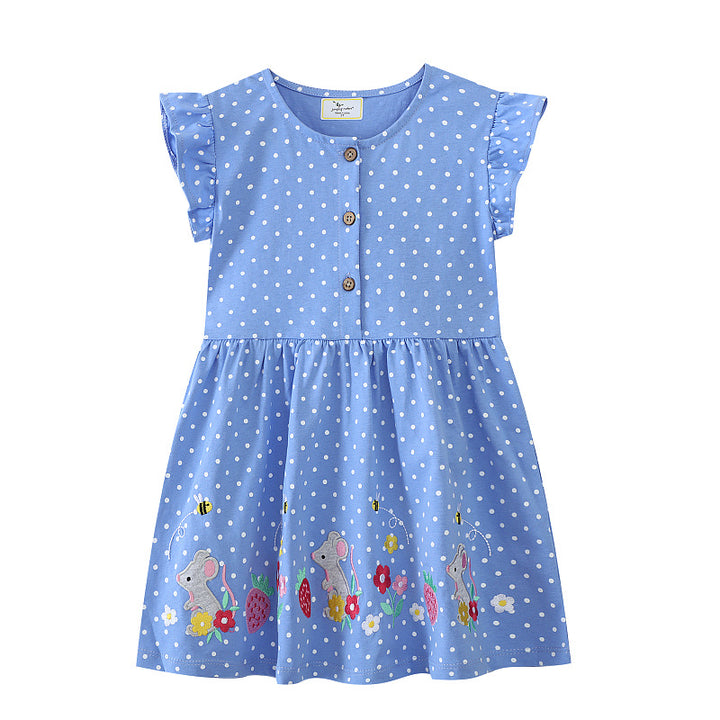 Mädchen Freizeitkleid mit niedlichen Mäuse- und Blumenstickereien Drune
