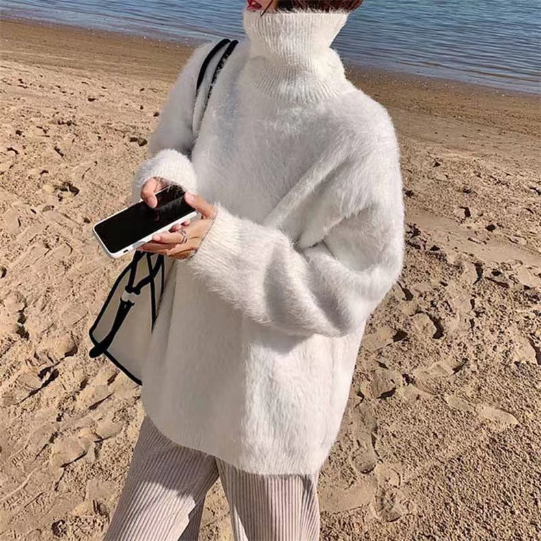 Damen Flauschiger Pullover mit Lockere Passform und Hohem Kragen Drune