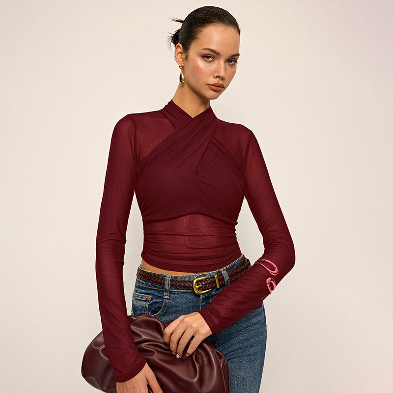Damen Elegantes Wickeloberteil mit transparentem Stoff und langen Ärmeln Drune