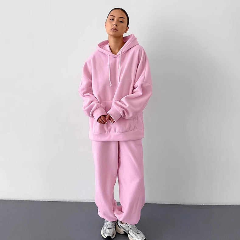 Damen Fleece Lounge-Set mit weiten Beinen und Kapuze Drune
