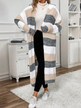 Damen Langer Strickcardigan mit modischem Streifenmuster und lässigem Schnitt Drune