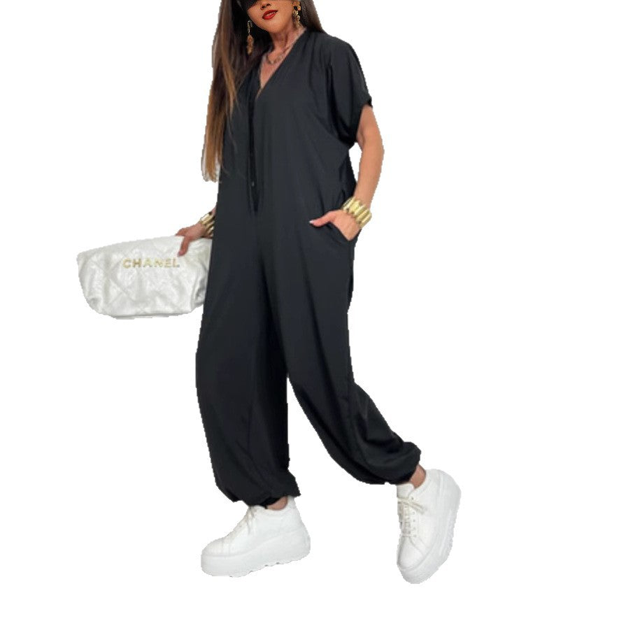 Damen Oversized Jumpsuit mit modernem Leopardenmuster und praktischen Taschen Drune