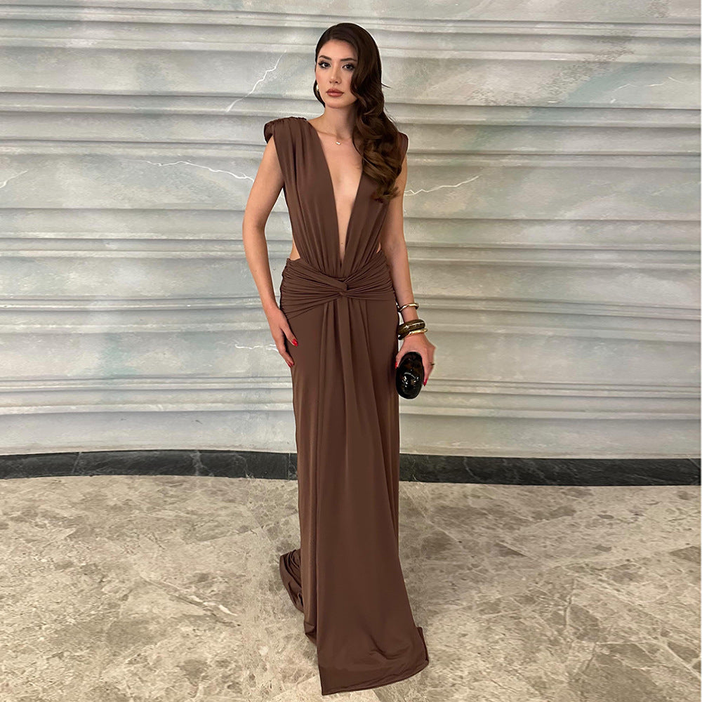 Damen elegantes Maxikleid mit tiefem V-Ausschnitt und drapiertem Bund Drune