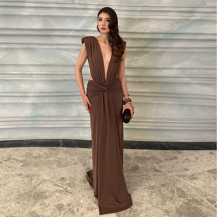 Damen elegantes Maxikleid mit tiefem V-Ausschnitt und drapiertem Bund Drune