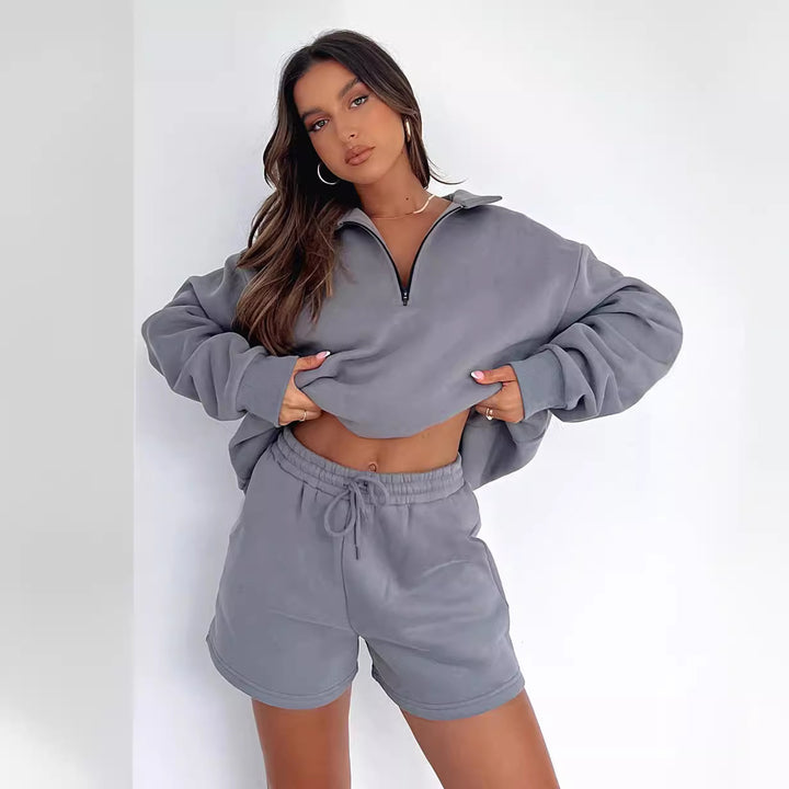 Damen lässiger Pullover mit halbhohem Kragen und Shorts Drune