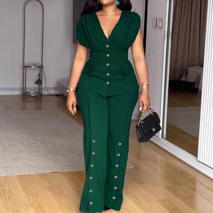 Damen elegantes Jumpsuit mit tiefem V-Ausschnitt und auffälligen Knopfdetails Drune