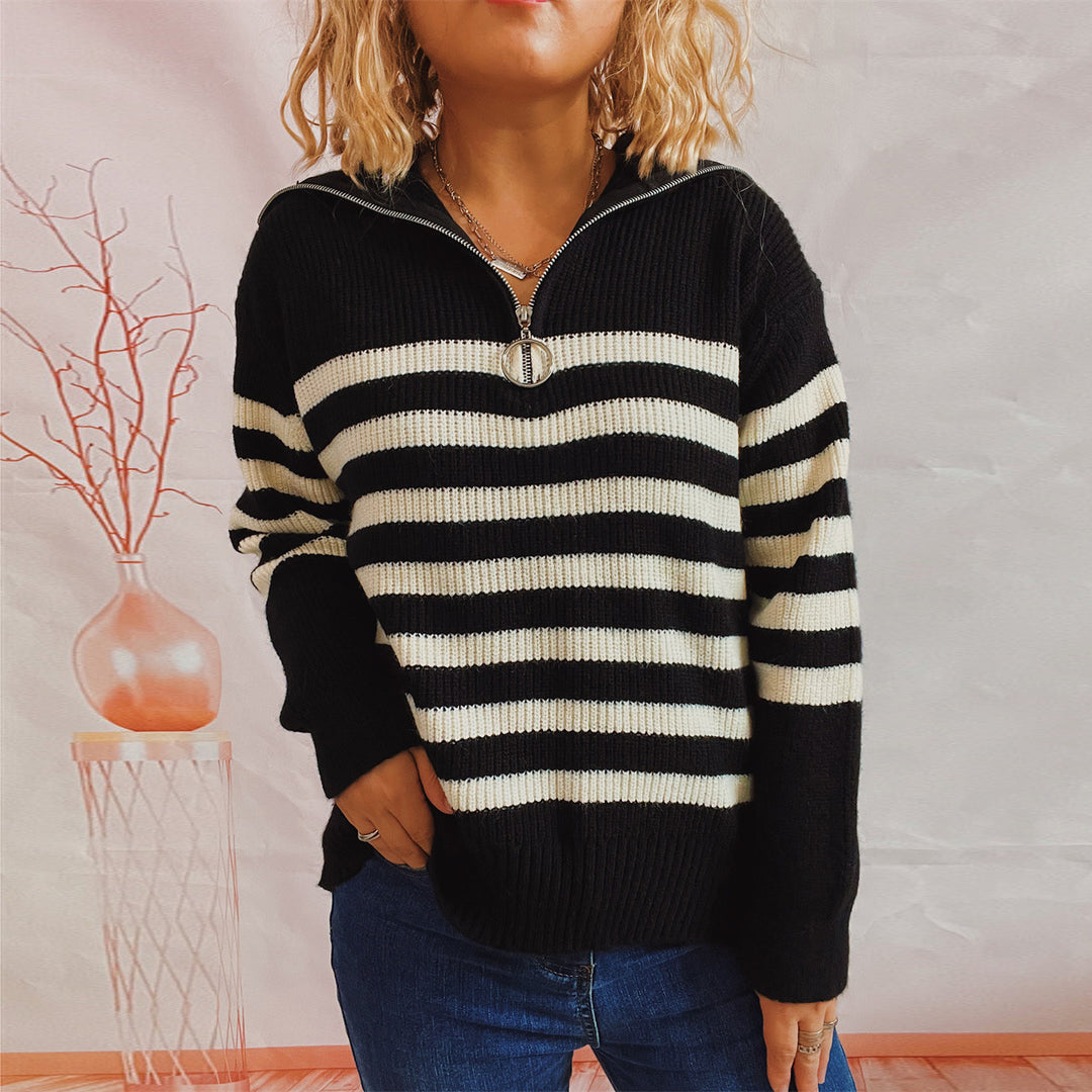 Damen Überall-Pullover mit Reißverschluss und modischem Streifenmuster Drune