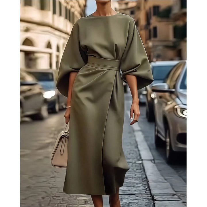 Damen Elegantes Maxikleid mit weiten Ärmeln und tailliertem Gürtel Drune