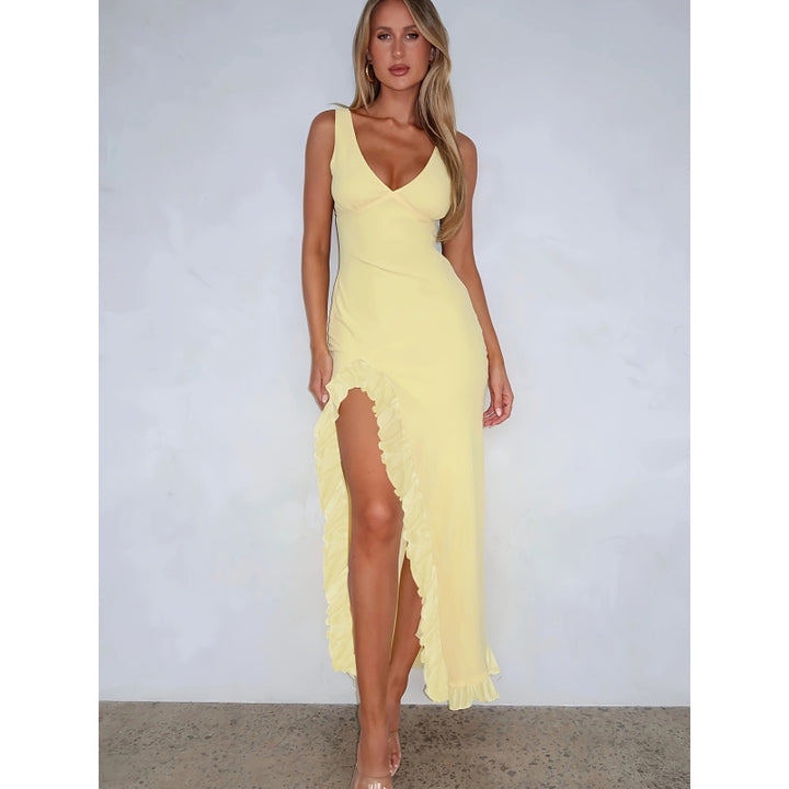 Damen Maxikleid mit voluminösen Rüschendetails und tiefem Schlitz Drune