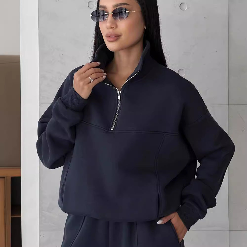 Damen lässiger Sweatshirt- und Jogginghose-Set mit hohem Kragen Drune