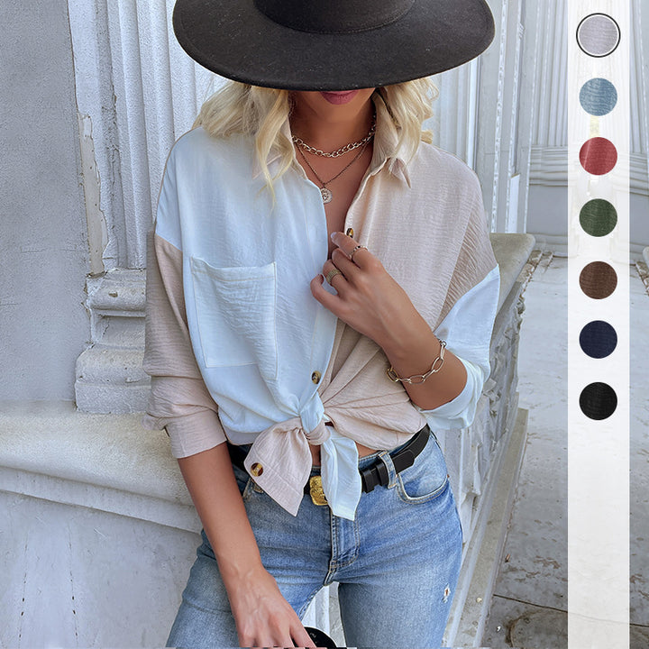 Damen oversized Blusenhemd mit zwei Farbdesigns und modischen Knopfdetails Drune