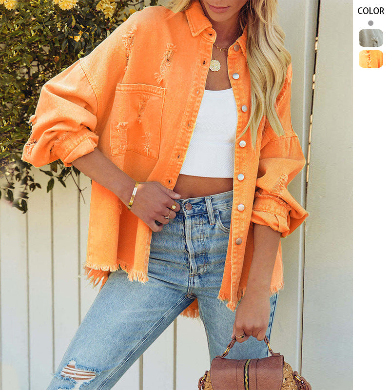 Damen Lässige Oversized Jeansjacke mit fransigen Abschlüssen und dekorativen Knöpfen Drune