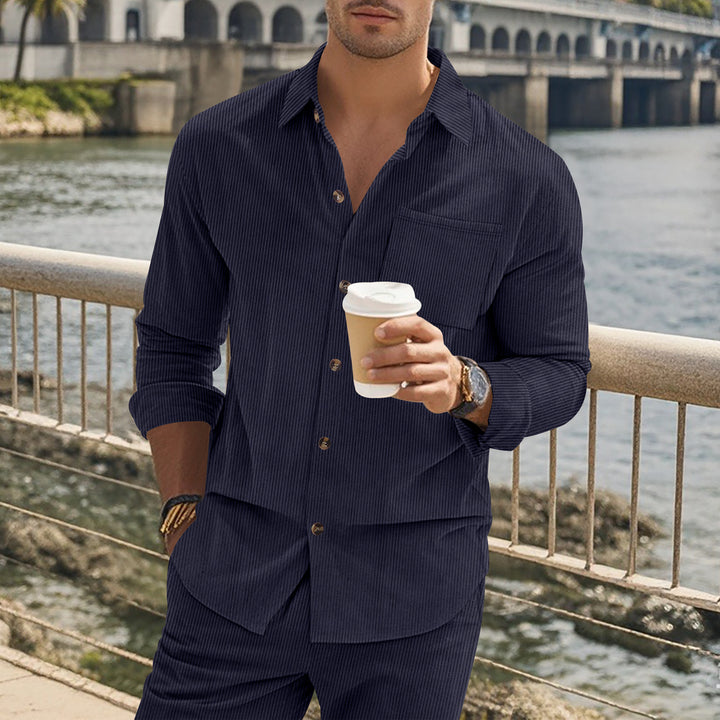 Herren gestreiftes Langarmshirt mit modischem Stehkragen und praktischer Brusttasche Drune