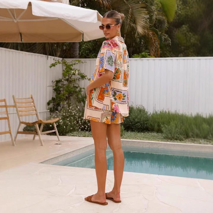 Damen Kurzarm-Hemd mit passender Shorts im floralem Design Drune