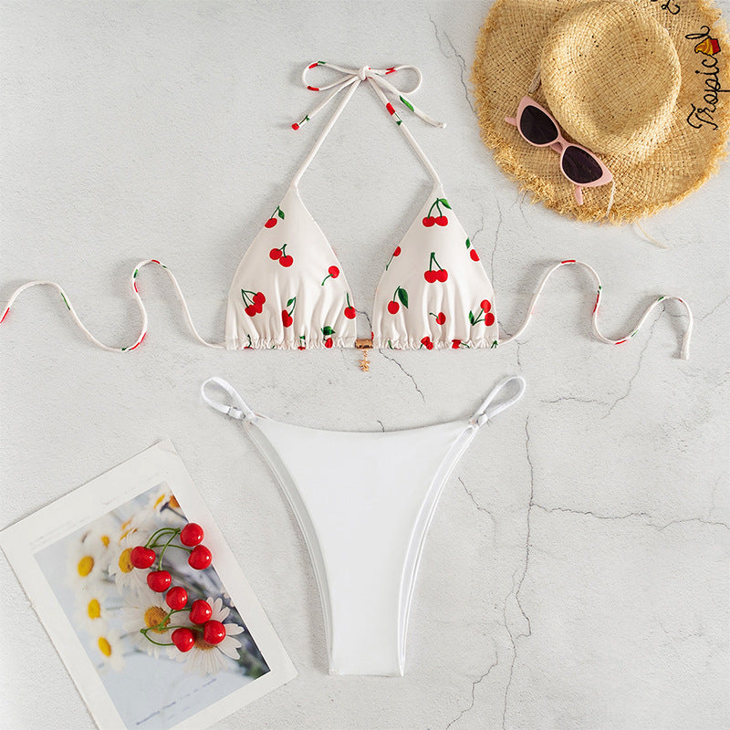Damen Triangel-Bikini mit fröhlichem Kirschmuster und verstellbarem Schnitt Drune